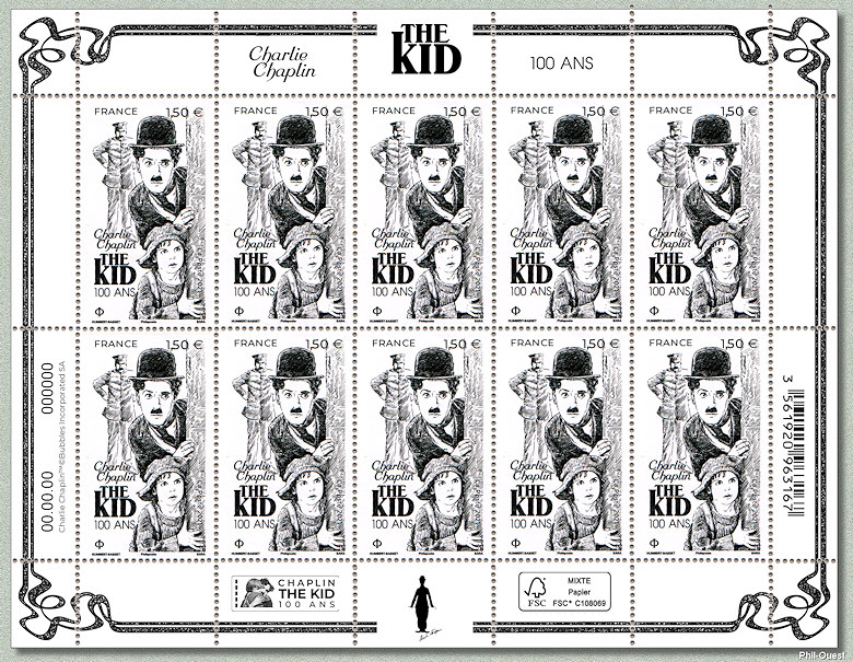 Charlie Chaplin THE KID 100 ANS -Le feuillet de  10 timbres