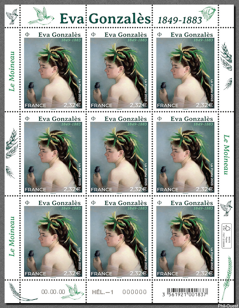 Eva Gonzalès  1849-1883 - «<i>Le moineau</i>»   Feuillet de 9 timbres