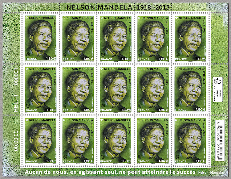 La feuille de  15 timbres de  Nelson Mandela