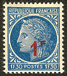 Image du timbre Cérès de Mazelin 1F30 bleu surchargé 1F rouge