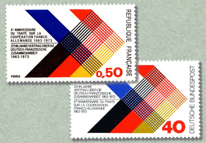 Pochette des timbres du X<sup>ème</sup> anniversaire du traité sur la coopération franco_allemande<br />Zehn Jahre vertragober die deutsch-französische<br />1963-1973