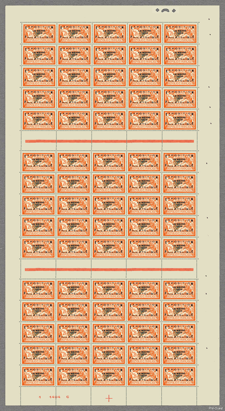 Merson 2 F orange et vert-bleu
   Exposition philatélique Le Havre 1929
   La feuille de 75 timbres