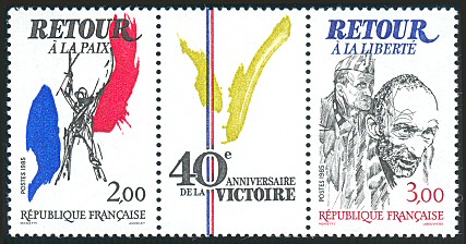 40ème anniversaire de la Victoire de 1945
<br />
Bande de 2 timbres et une vignette - Retour à la Paix, retour à la Liberté