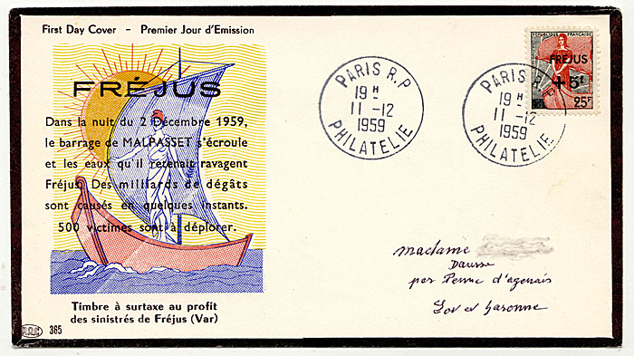 Enveloppe commémorative de Fréjus éditée à la suite de la catastrophe du barrage de Malpasset le 2 décembre 1959.
