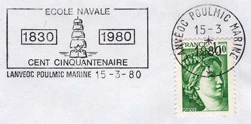 Flamme d´oblitération de Lanveoc Poulmic
«Cent cinquantenaire de l'Ecole navale 1830-1980»