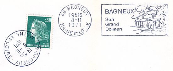 Flamme d´oblitération de Bagneux
«Son grand dolmen»Flamme dessinée par Eliane BOUZY-RAYMOND
à la demande de Monsieur
Louis MAZE, Maire de BAGNEUX
et du chef d'établissement de la
Poste de BAGNEUX.
Un premier passage en SECAP n'ayant pas oblitéré le timbre un postier l'a fait avec le timbre à date du bureau.