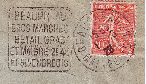 Flamme d´oblitération de Beaupréau
«Beaupréau - Gros marché - Bétail gras et maigre - 2ème, 4ème et 5ème vendredis»