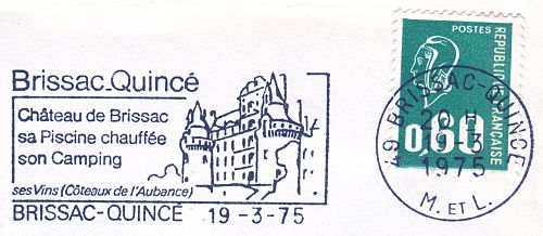 Flamme d´oblitération de Brissac-Quincé
«Château de Brissac - Sa piscine chauffée, son camping, ses vins (côteaux de l´Aubance)»