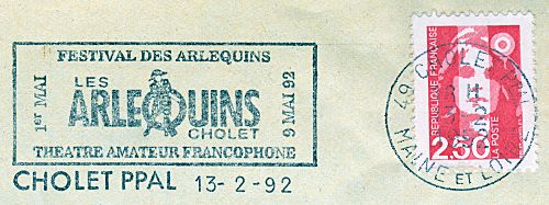 Flamme d´oblitération de Cholet Principal
«Festival des Arlequins - Théâtre amateur francophone
1er mai-9 mai 92  »