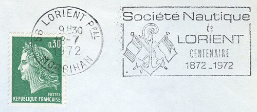 Flamme d´oblitération de Lorient
«Société nautique de Lorient Centenaire 1872-1972»