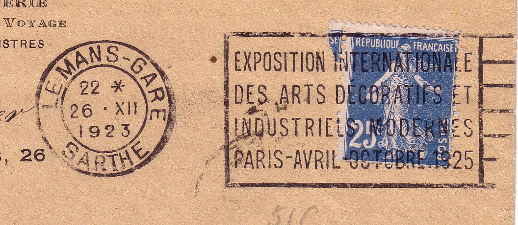 Flamme d´oblitération du Mans-Gare«Exposition internationale des arts décoratifs et industriels modernes - Paris - avril-octobre 1925»