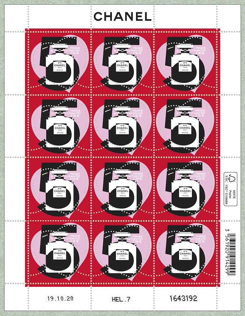 Image du timbre CHANEL N° 5-Feuillet de12  timbres pour la lettre verte à  2,16 €