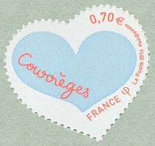 Coeur Courrèges  issu du bloc-feuillet<br />inscriptions en orange