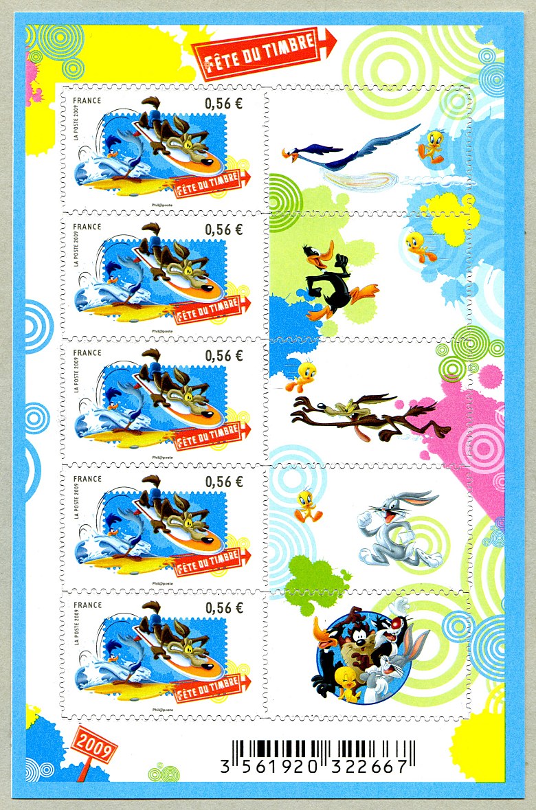 Image du timbre Bip Bip et Vil Coyote font du surf-Mini-feuillet de 5 timbres autoadhésifs