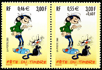 Paire de timbres Gaston Lagaffe avec et sans surtaxe