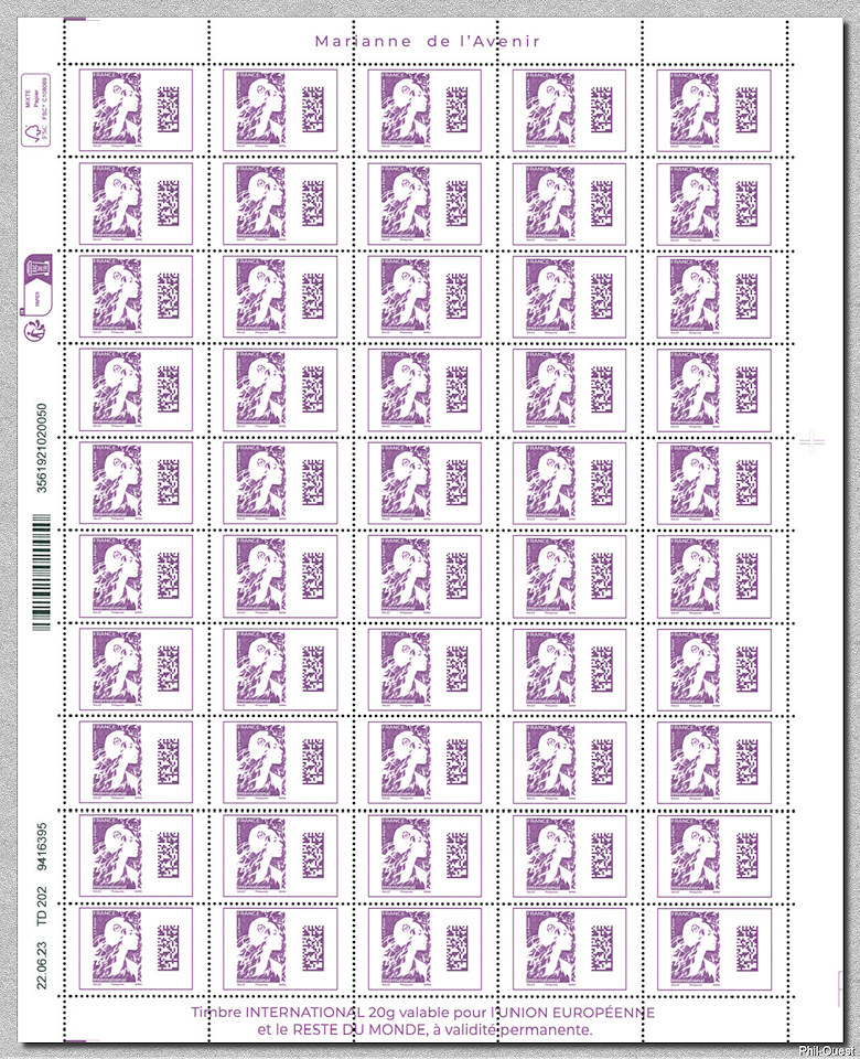 Image du timbre Feuille de 50 timbres pour lettre prioritaire  pour le monde jusqu'à 20g