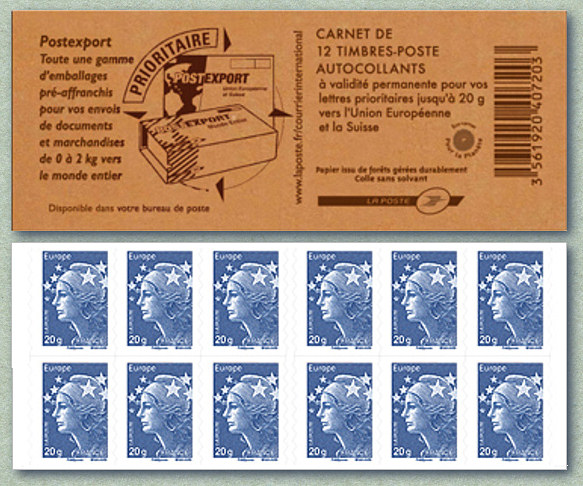 Image du timbre Carnet de 12 Marianne Bleue 20g TVP - couverture Postexport - Europe autoadhésifs