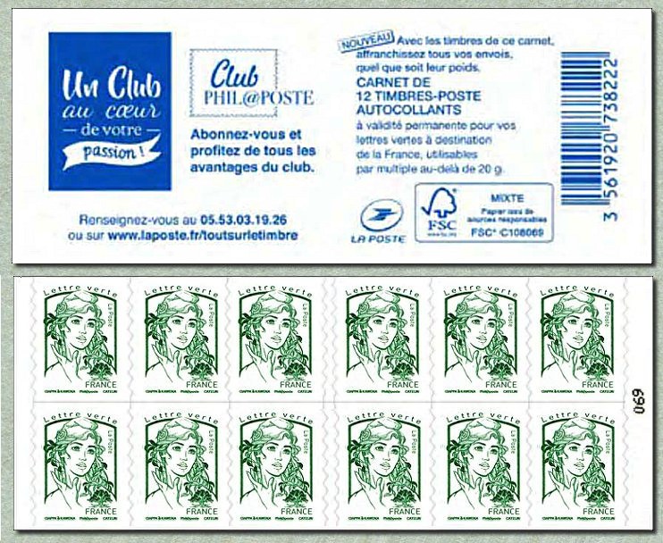 Carnet de 12 timbres pour lettre verte de la Marianne de Ciappa et Kawena <br />  Un Club au coeur de votre passion Club PHIL@POSTE