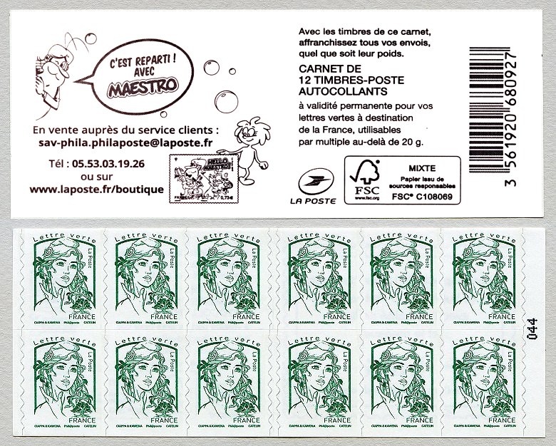 Carnet de 12 timbres pour lettre verte de la Marianne de Ciappa et Kawena <br />  C´est reparti avec MAESTRO :