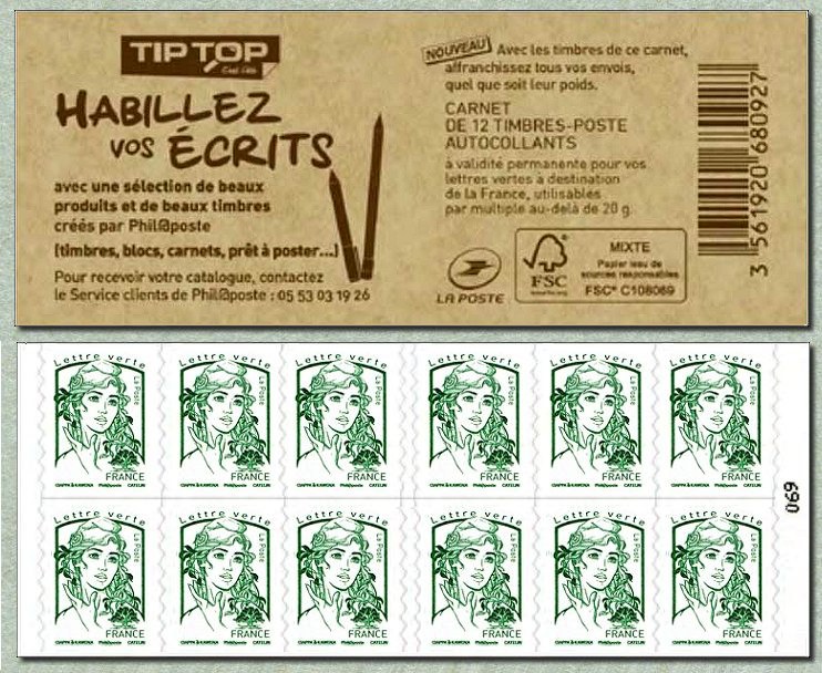 Carnet de 12 timbres pour lettre verte de la Marianne de Ciappa et Kawena <br /> Tip-top Habillez vos écrits