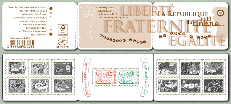 Bande-carnet  « La République au fil du timbre de 1959 à 2013»<br />Bande-carnet  de timbres en taille-douce autoadhésifs.