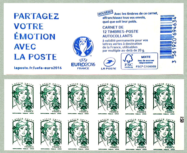 Carnet de 12 timbres pour lettre prioritaire de la Marianne de Ciappa et Kawena  <br /> « UEFA Euro  2016 »