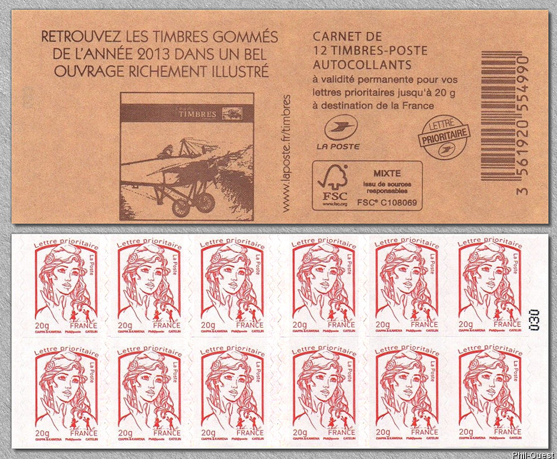 Carnet de 12 timbres pour lettre prioritaire de la Marianne de Ciappa et Kawena «Le livre des timbres 2013»