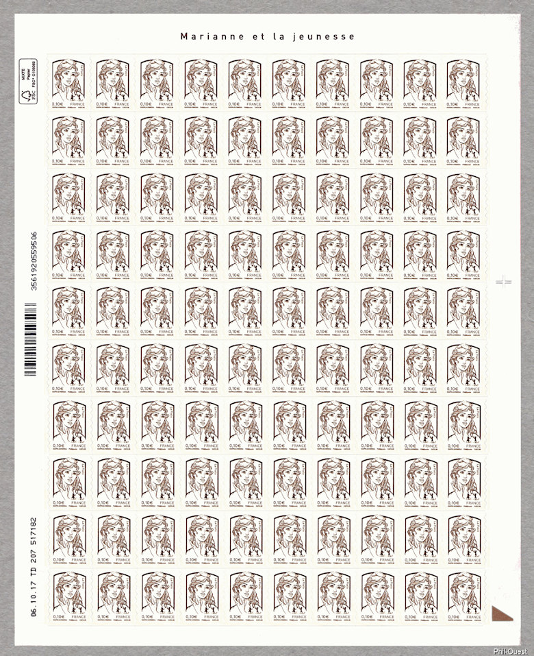 Marianne de Ciappa et Kawena 0,10 euro <br />Feuille de 100 timbres autoadhésifs