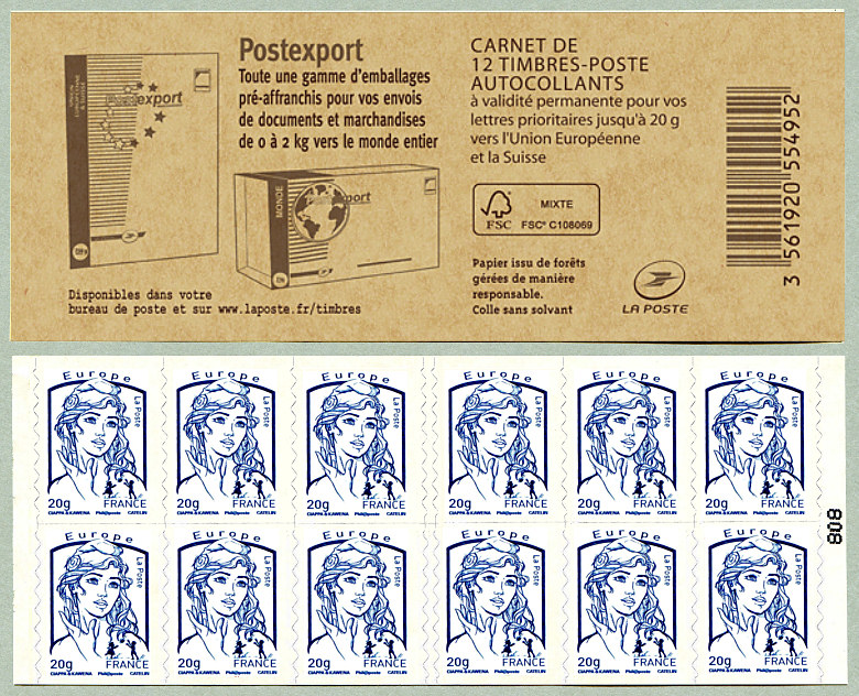 Carnet de 12 timbres pour lettre prioritaire de la Marianne de Ciappa et Kawena pour l´Europe