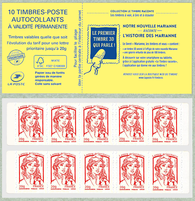 Carnet pour DAB Sagem de 10 timbres pour  lettre prioritaire de la Marianne de Ciappa et Kawena