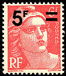 Image du timbre Marianne de Gandon 6 F rose surchargé 5 F
