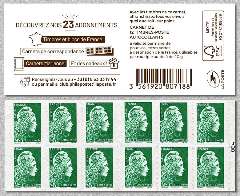 Marianne d´Yseult Digan<br /> Carnet de 12 timbres autoadhésifs pour lettre verte jusqu´à 20g  - Découvrez nos 23 abonnements