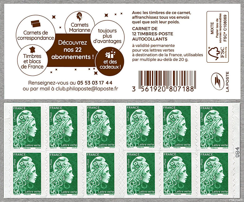 Marianne d´Yseult Digan<br /> Carnet de 12 timbres autoadhésifs pour lettre verte jusqu´à 20g  - Découvrez nos 22 abonnements