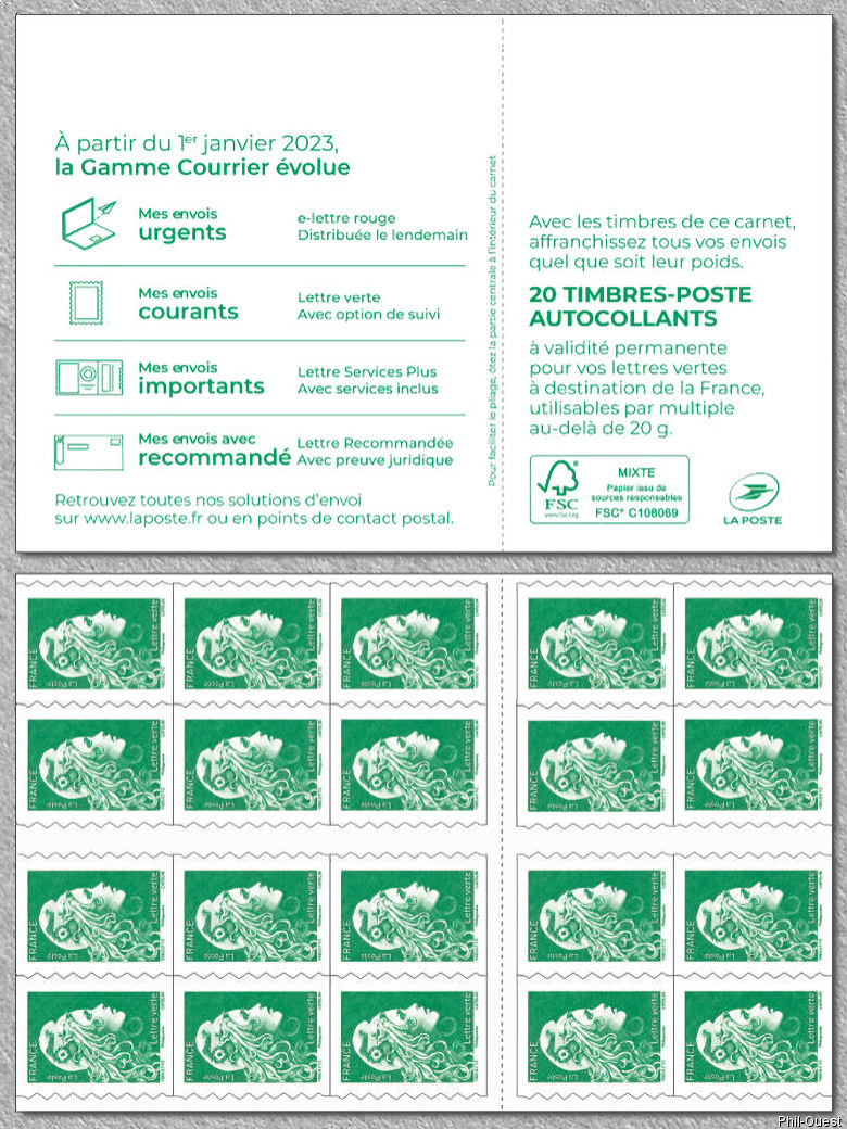 Carnet de distributeur de 20 timbres autoadhésifs pour lettre verte
