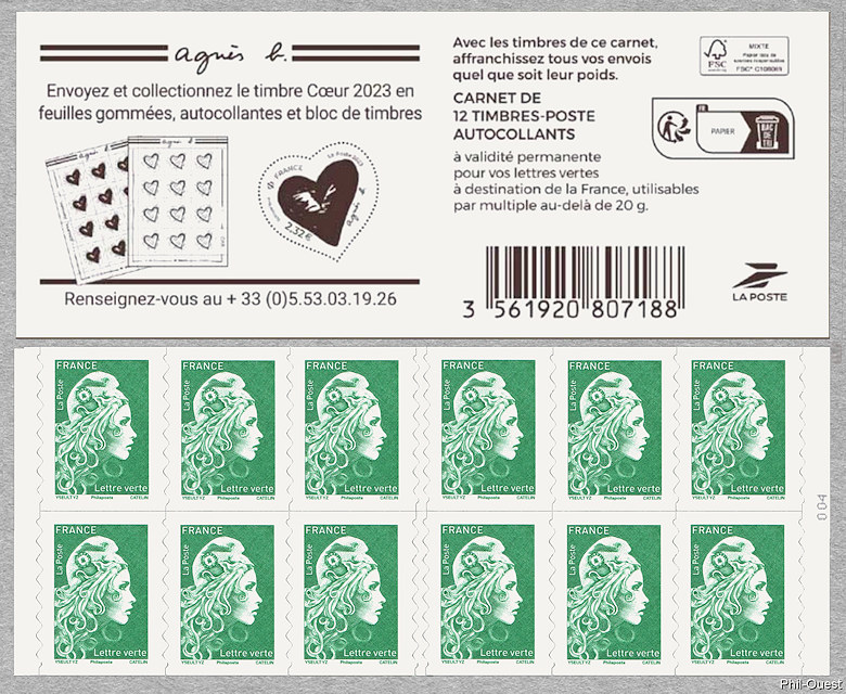 Marianne d´Yseult Digan<br /> Carnet de 12 timbres autoadhésifs pour lettre verte jusqu´à 20g<br />Cœurs Agnès b