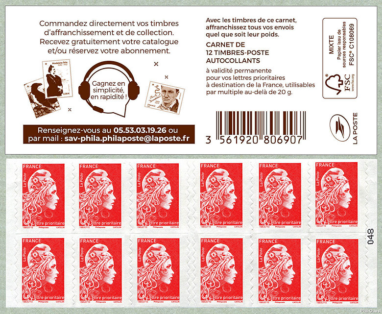 Marianne d´Yseult Digan <br /> Carnet de 12 timbres autoadhésifs pour lettre prioritaire jusqu´à 20g <br />Commandez directement vos timbres