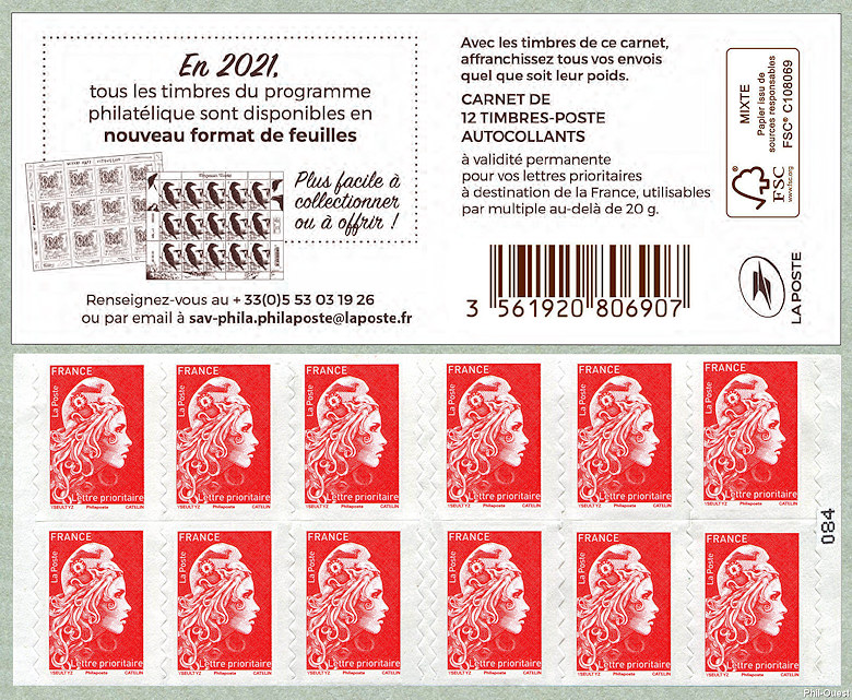 Image du timbre Marianne d'Yseult Digan - Carnet de 12 timbres autoadhésifs pour lettre prioritaire jusqu'à 20g -En 2021 les timbres du programme philatélique sont disponibles au nouveau format de feuilles