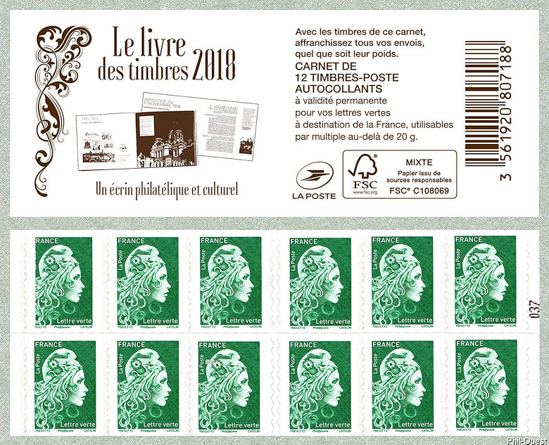 Marianne d´Yseult Digan<br /> Carnet de 12 timbres autoadhésifs pour lettre verte jusqu´à 20g  -  Le livre des timbres 2018