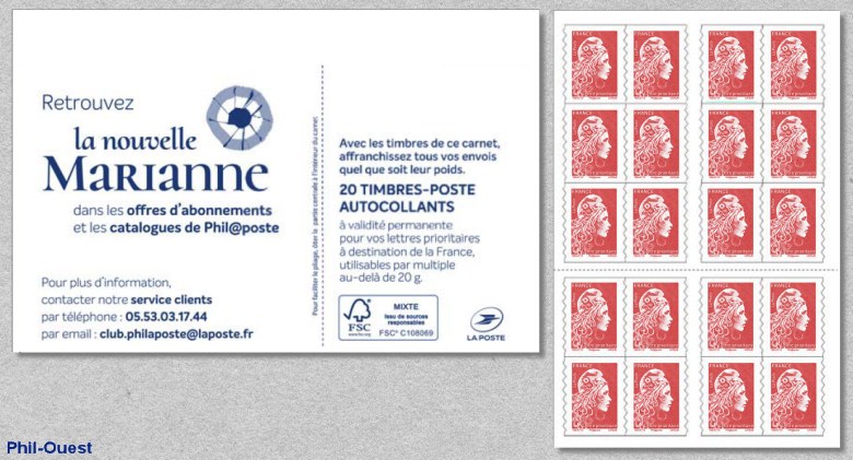 Marianne d’Yseult Digan<br /> Carnet pour DAB de 20 timbres autoadhésifs pour lettre prioritaire jusqu´à 20g