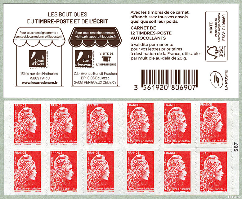 Marianne d´Yseult Digan <br /> Carnet de 12 timbres autoadhésifs pour lettre prioritaire jusqu´à 20g <br />Boutiques du timbre-poste et de l´écrit