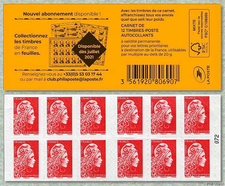 Marianne d´Yseult Digan<br /> Carnet de 12 timbres autoadhésifs pour lettre prioritaire jusqu´à 20g «Collectionnez les timbres en feuilles»