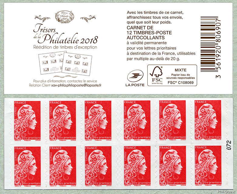Marianne d´Yseult Digan<br /> Carnet de 12 timbres autoadhésifs pour lettre prioritaire jusqu´à 20g «Trésors de la Philatélie 2018»