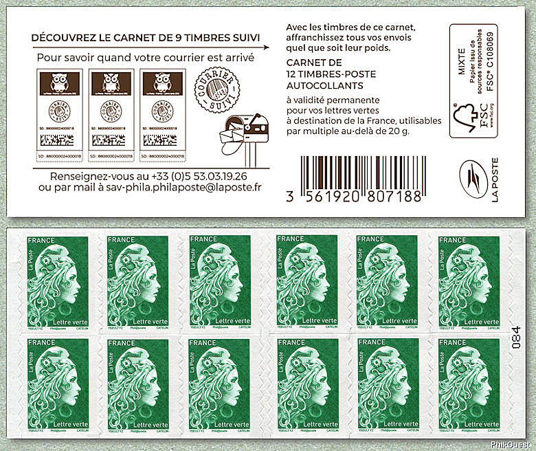 Image du timbre Carnet de 12 timbres autoadhésifs pour lettre verte jusqu´à 20g -Découvrez le carnet de  9 timbres SUIVI