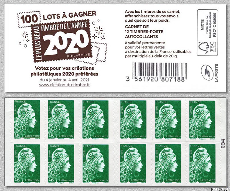 Image du timbre Marianne d'Yseult Digan- Carnet de 12 timbres autoadhésifs pour lettre verte jusqu'à 20g - Le plus beau timbre de l'année 2020