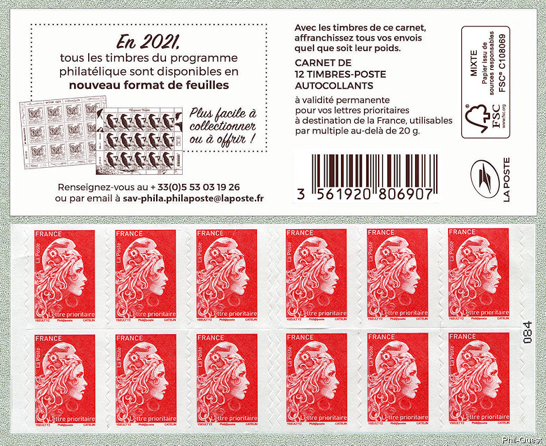 Marianne d´Yseult Digan <br /> Carnet de 12 timbres autoadhésifs pour lettre prioritaire jusqu´à 20g <br />Nouveaux formats de feuilles -  Mention Philaposte