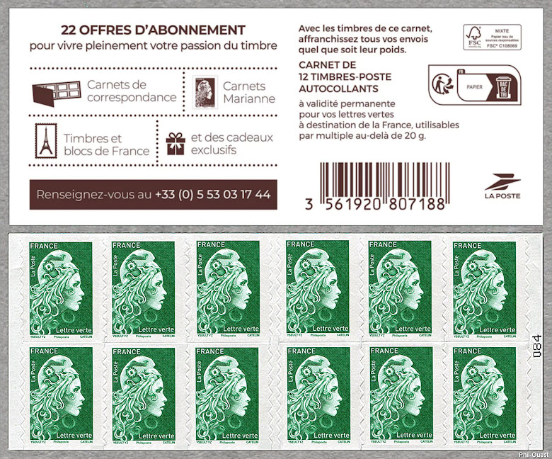 Marianne d´Yseult Digan
<br /> Carnet de 12 timbres autoadhésifs pour lettre verte jusqu´à 20g
<br />
22 offres d´abonnement pour vivre pleinement votre passion du timbre