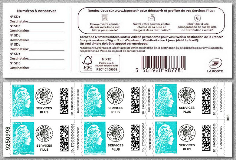 Carnet de 6 timbres pour lettre verte courrier suivi Service Plus autoadhésive