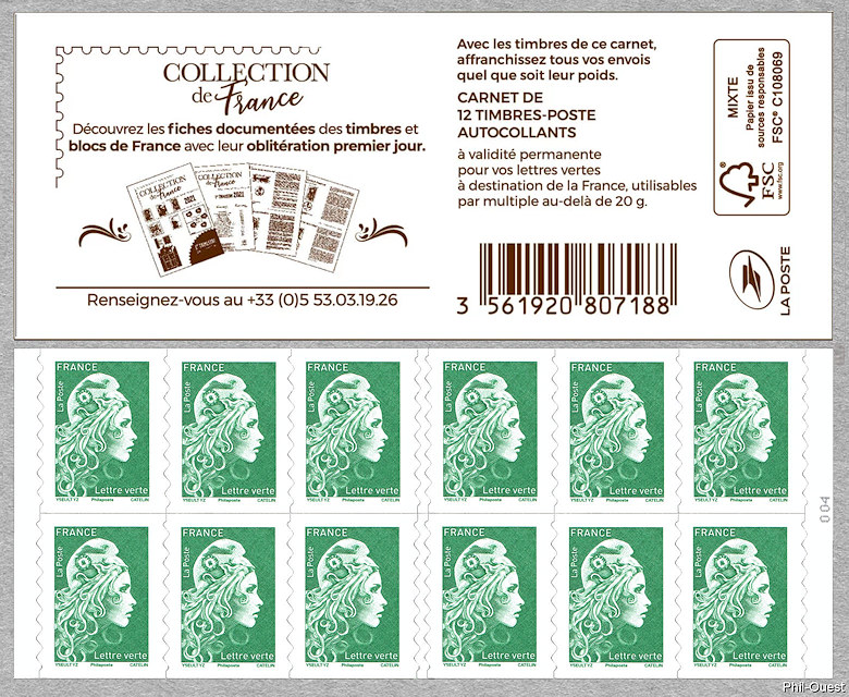 Marianne d´Yseult Digan<br /> Carnet de 12 timbres autoadhésifs pour lettre verte jusqu´à 20g<br />Collection_France