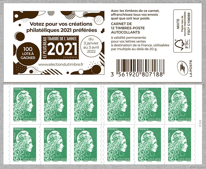 Image du timbre Marianne d'Yseult Digan- Carnet de 12 timbres autoadhésifs pour lettre verte jusqu'à 20g-Élection du plus beau Timbre de l'année 2021 - Votez pour vos créations philatéliques 2021