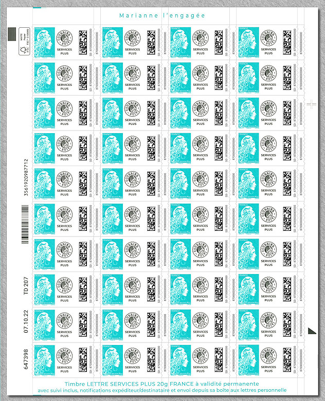 Feuille de 40 timbres autoadhésifs pour lettre verte courrier suivi Service Plus